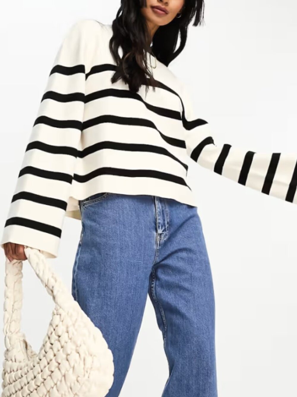 & Other Stories Cream and Black Striped Crewneck Sweater